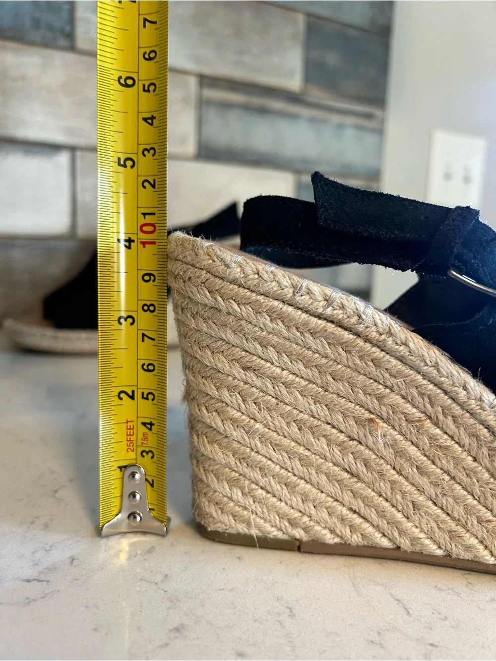 TOMS Monica Black Suede Leather Wedge Espadrille Sandals